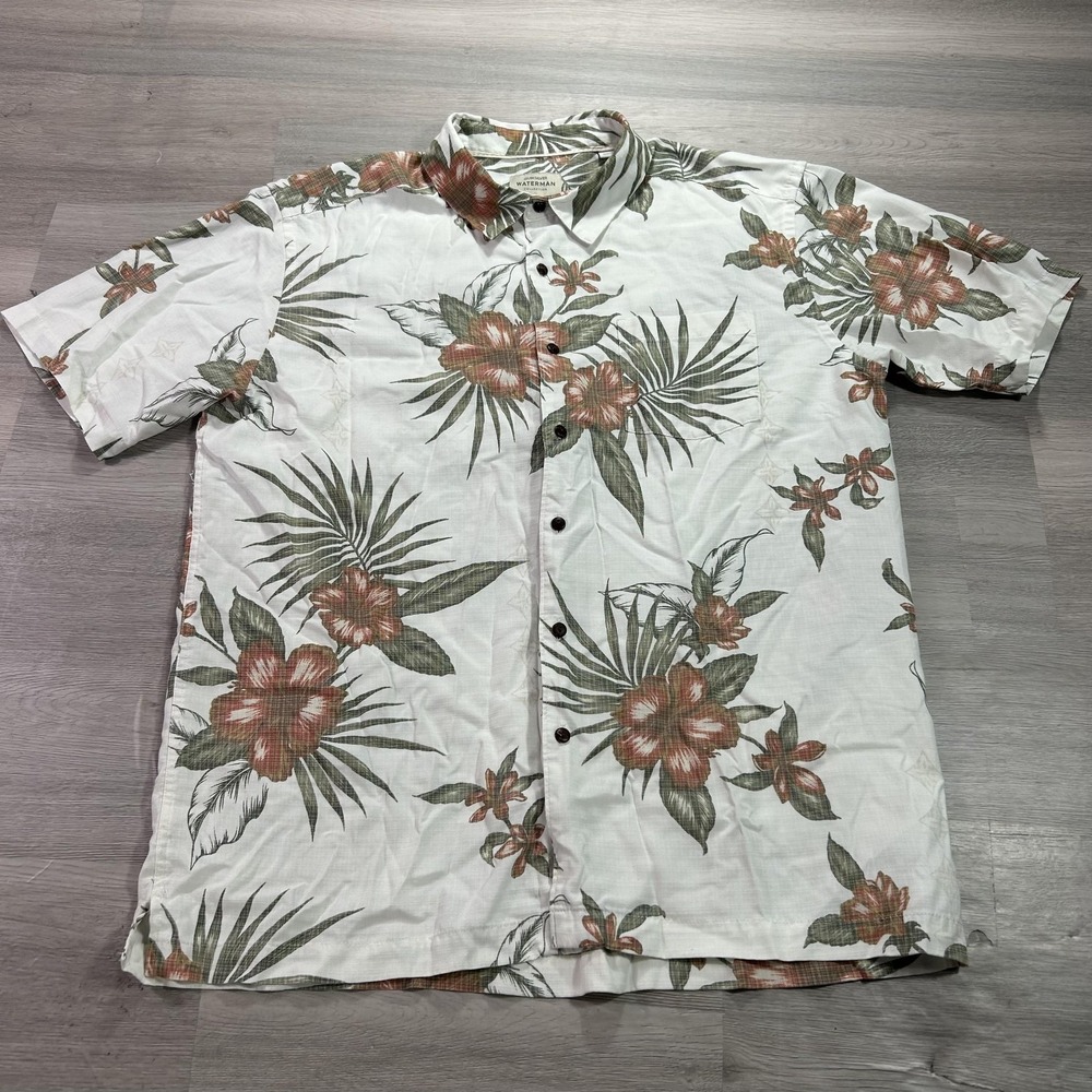 Quiksilver Waterman Shirt Mens Large White Hawaiian Short Sleeve Button Up